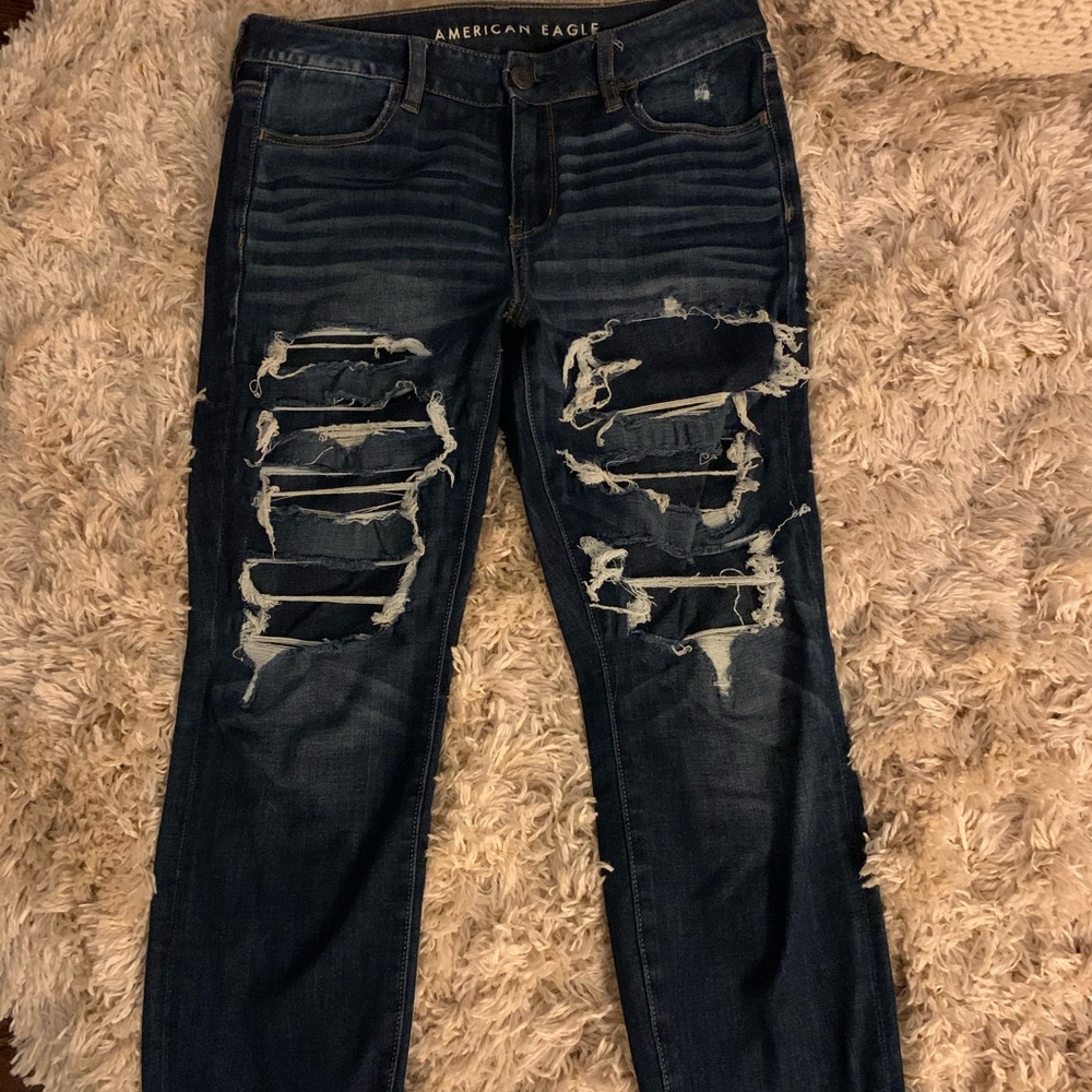 American Eagle dark blue torn stretch jeans